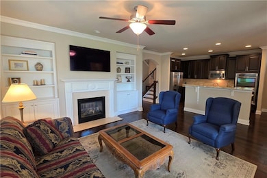 Living room, ceiling fan, premium fireplace, built in shelves/cabinets.