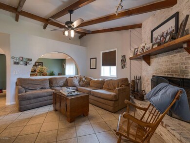 Family Room with Wood Beams