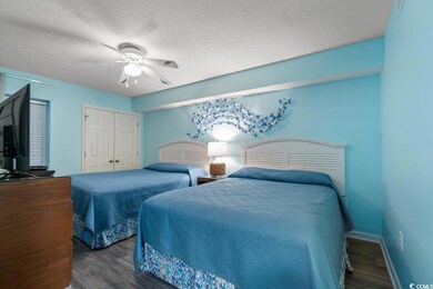 Bedroom featuring wood finished floors, a textured ceiling, a ceiling fan, and a closet