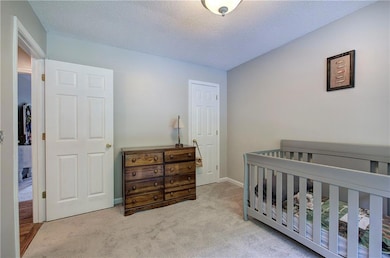 Carpeted bedroom featuring a textured ceiling and 