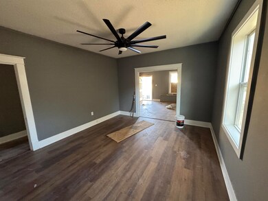 Spare room featuring ceiling fan, dark wood-type f