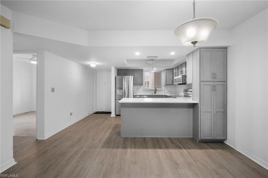 Kitchen with gray cabinets, light hardwood / wood-