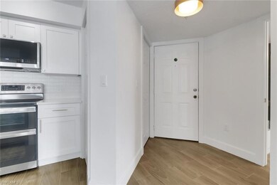 Kitchen featuring white cabinets, light wood-type 