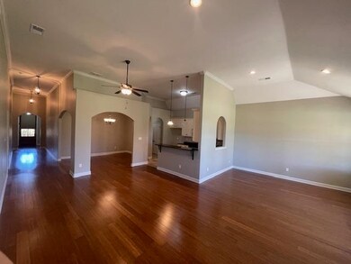 Unfurnished living room featuring ceiling fan, dar