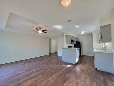 Kitchen with gray cabinetry, open floor plan, dark wood-style floors, a tray ceiling, and backsplash