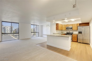 Kitchen with stainless steel appliances, open shel