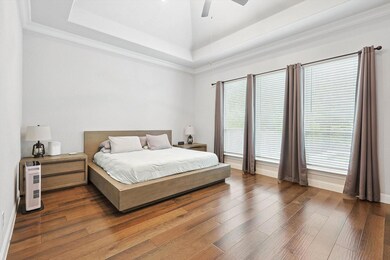 Bedroom with ornamental molding, dark wood-type flooring, ceiling fan, and a raised ceiling