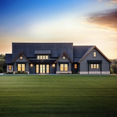 Rear view of property with board and batten siding, a lawn, roof with shingles, and stone siding- Final product may Vary