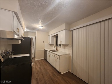 Kitchen with appliances with stainless steel finishes, under cabinet range hood, light countertops, dark wood finished floors, and a textured ceiling