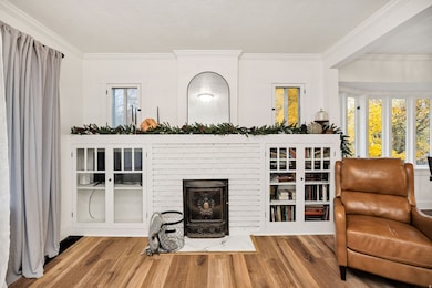 Living room featuring crown molding, wood finished floors, healthy amount of natural light, and a fireplace
