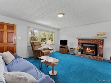 Living room with a fireplace, carpet, and a textur
