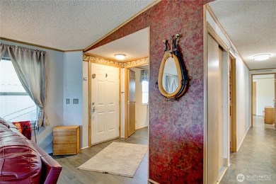 Beautiful accent wall near entry. Right side looks down the hallway to the main bedroom.