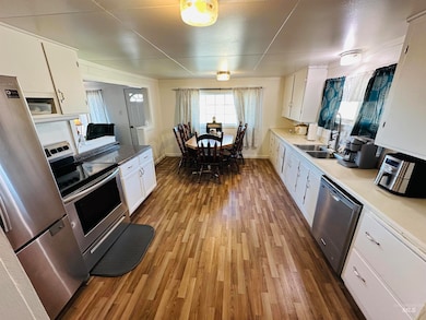 Kitchen with white cabinetry, stainless steel appliances, dark wood finished floors, and light countertops