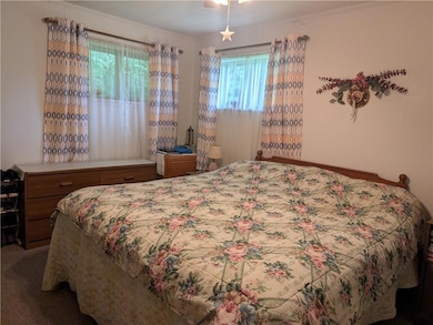 Carpeted bedroom featuring crown molding