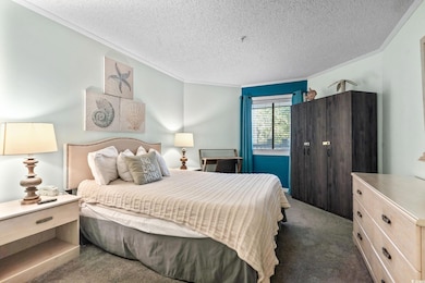 Bedroom featuring crown molding, carpet floors, and a textured ceiling