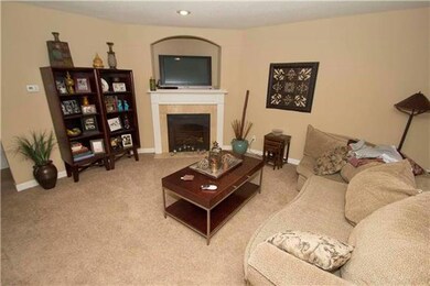 Corner fireplace with an arched media niche above,