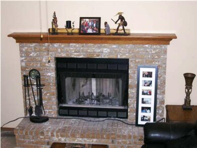 A close-up of the woodburning fireplace.