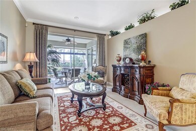 Crown molding, access to the pool area and covered