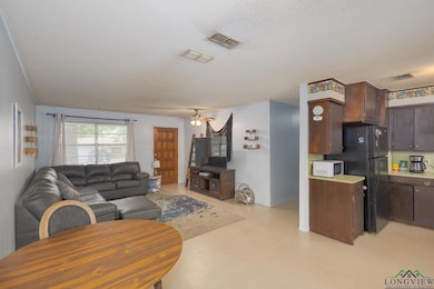 Living area with a textured ceiling and a ceiling fan