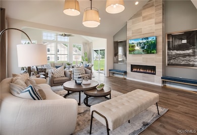 Living room featuring dark wood-type flooring, a t