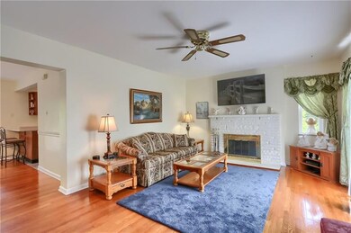 Living room and wood burning fireplace
