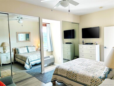 Bedroom with two closets, light wood-style flooring, a ceiling fan, and a wall mounted air conditioner