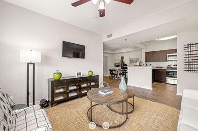Living room with dark hardwood / wood-style floori