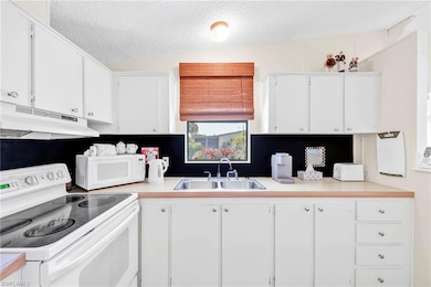 Kitchen with under cabinet range hood, white cabinets, white appliances, and a sink