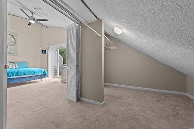 Additional living space featuring a textured ceiling, carpet floors, vaulted ceiling, and ceiling fan