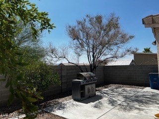 Fenced backyard featuring a patio area and area for grilling