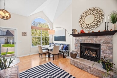 Living room with hardwood / wood-style floors, high vaulted ceiling, a chandelier, and a fireplace