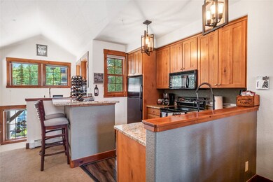 Kitchen featuring black appliances, carpet floors,
