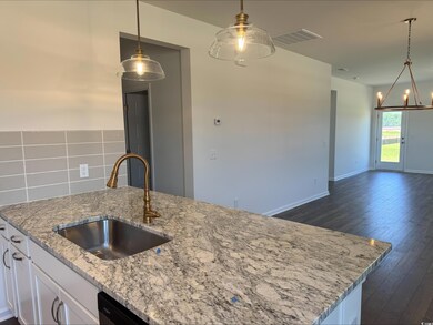 Kitchen featuring a sink, dark wood-type flooring, light stone countertops, white cabinetry, and pendant lighting