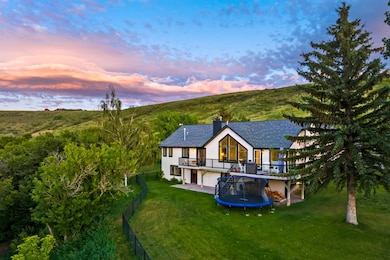 Rear view of property with a wooden deck, a garage, a chimney, a trampoline, and a shingled roof