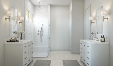 Primary bath with dual freestanding vanities