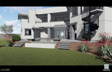 Rear view of house with a patio area and waterfall pool.