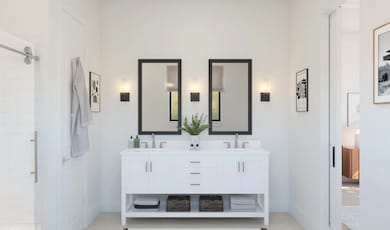 Primary bath with freestanding vanity