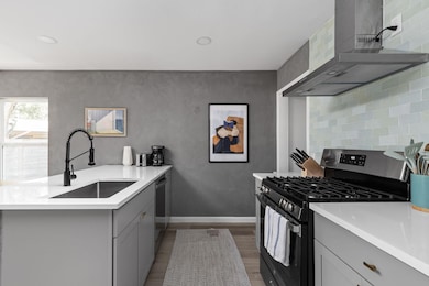 Kitchen with wall chimney exhaust hood, appliance