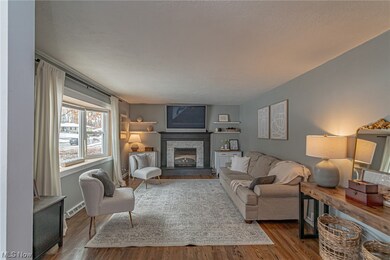 Living room featuring hardwood / wood-style flooring and a stone fireplace