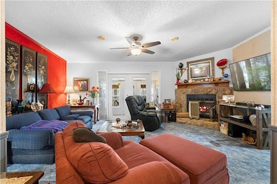Living room with ornamental molding, a stone firep