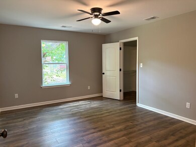 Unfurnished bedroom with a spacious closet, dark wood-type flooring, and a ceiling fan