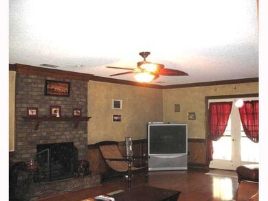 Fireplace has a raised hearth.  French doors open 