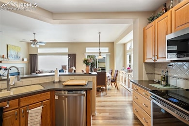 Kitchen with appliances with stainless steel finishes, a sink, light wood finished floors, dark countertops, and tasteful backsplash