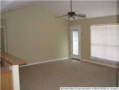 Vaulted ceiling, large window and back patio door.