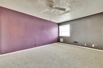 Carpeted empty room with a textured ceiling, ceil