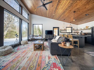 Living room with high vaulted ceiling, a healthy a