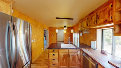 Kitchen with stainless steel appliances, light wood finished floors, brown cabinets, a peninsula, and hanging light fixtures