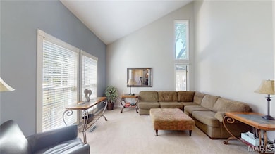 Living area with carpet and high vaulted ceiling