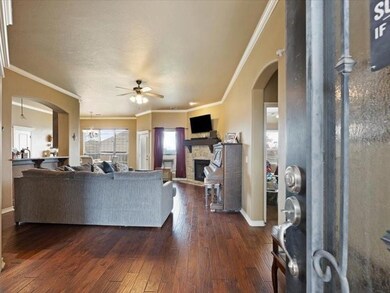 Living room with crown molding, ceiling fan, a sto