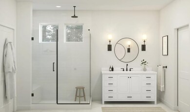 Primary bath with glass shower enclosure and matte black fixtures